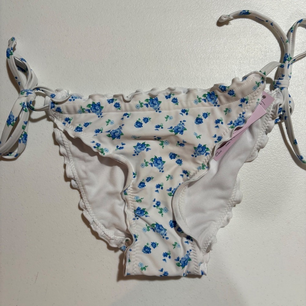 Wild Fable Blue Floral Ruffle Side Tie Bikini Bottom XS White Extra High Leg